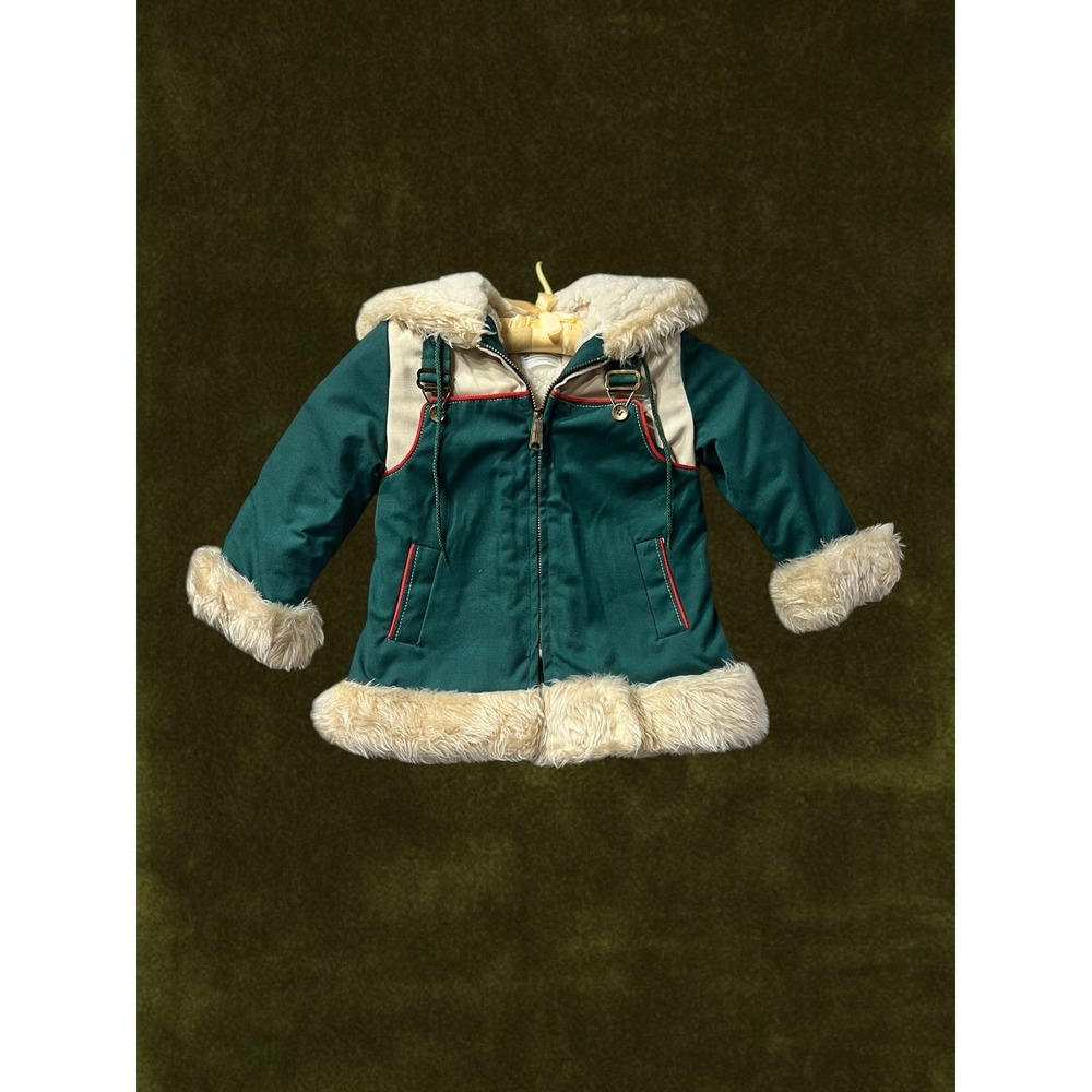 Vintage 1979 Sears Kids Hooded Parka Faux Fur Trim Green Winter Coat 3T